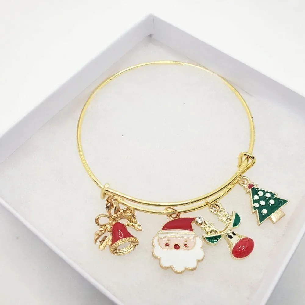 Christmas Bells Charm Bracelet, Gold Jewelry For Women, Santa Charm